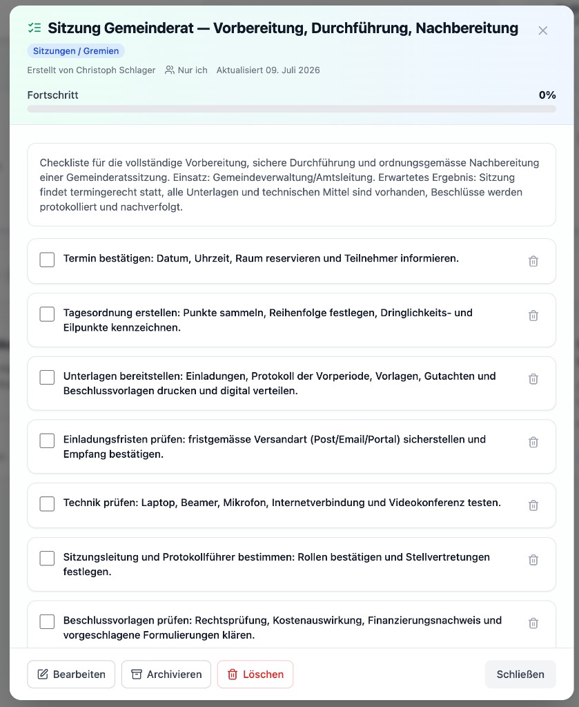 TIGE Checkliste – Sitzung Gemeinderat Vorbereitung
